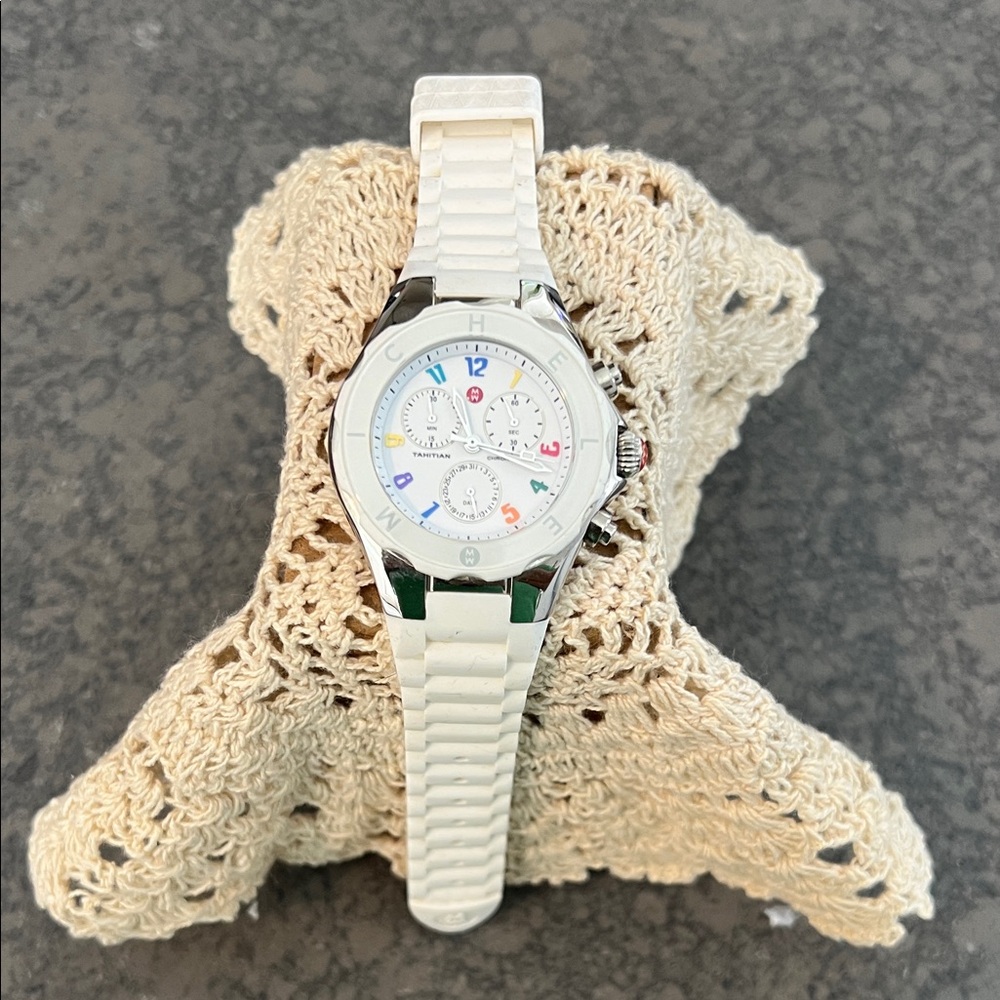 Michele Chronograph Tahitian White Analog Watch with Colorful Accents